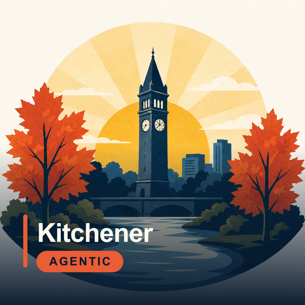 Illustration of Kitchener Agentic showing the city clock tower, maple trees, river, and sunset
